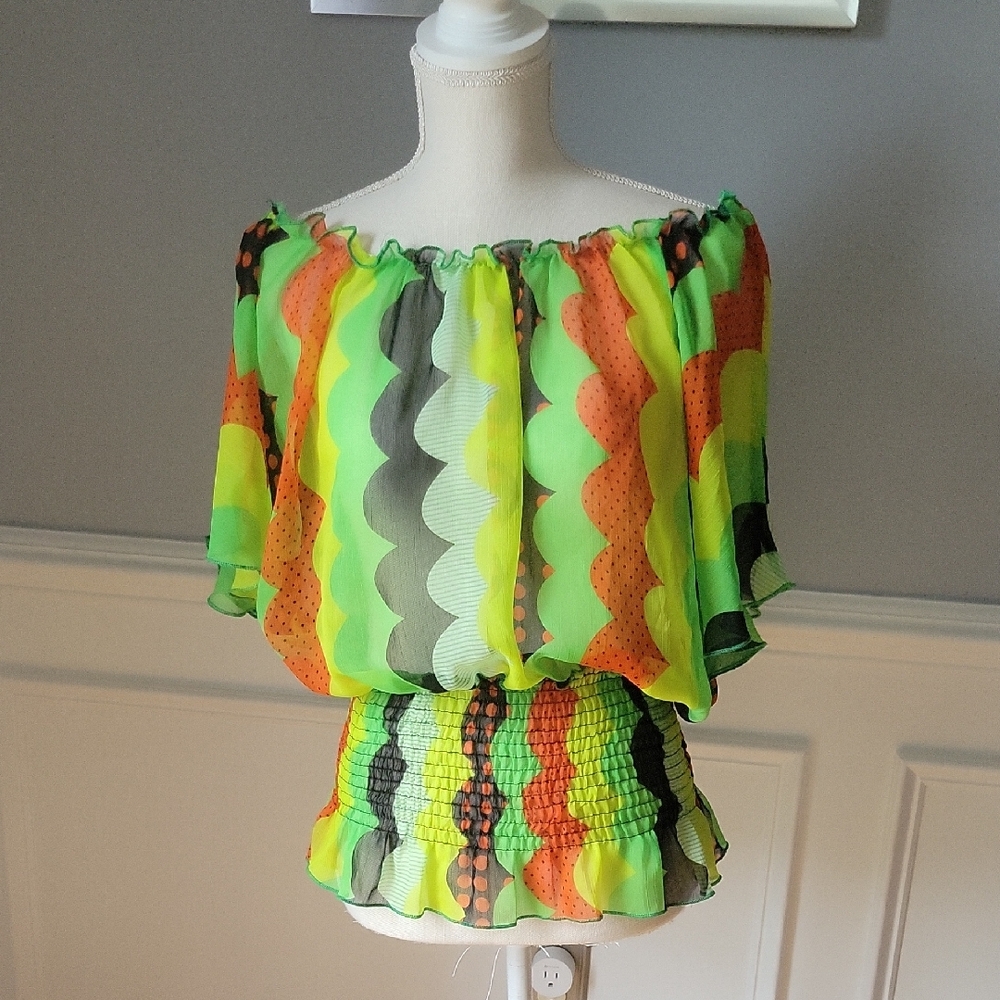 Victoria Multi Color Sheer Off The Shoulder Top Smocked Waist Womens Size M/L